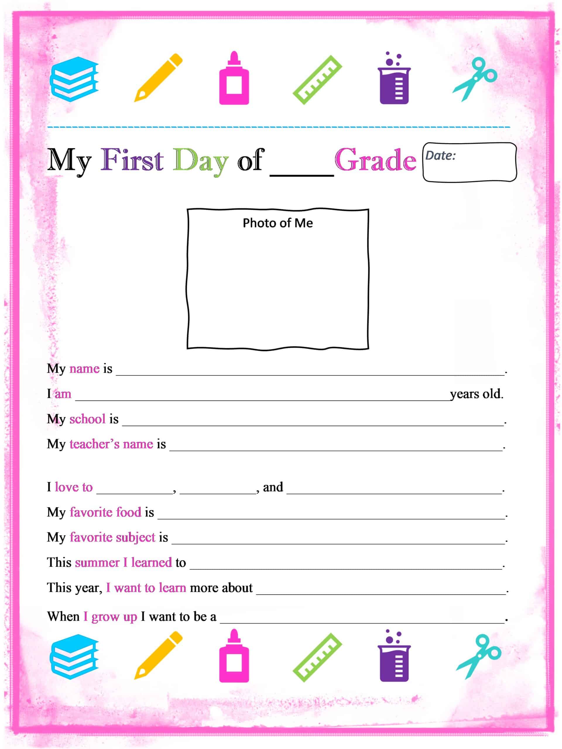 My First Day of School Printable Printables for Girls Keepsake for