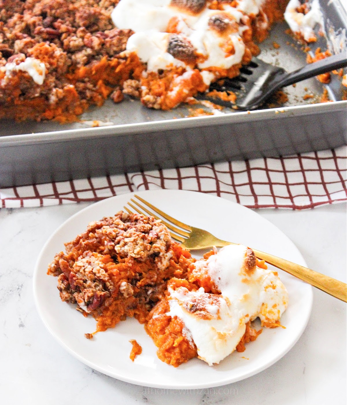 Sweet-Potato-Casserole-Recipe-with-Marshmallows-Oatmeal-Pecan-Streusel-Topping - athomewithzan.com